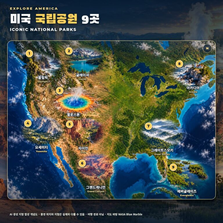 미국 국립공원 9곳을 소개하는 AI 생성 안내 지도